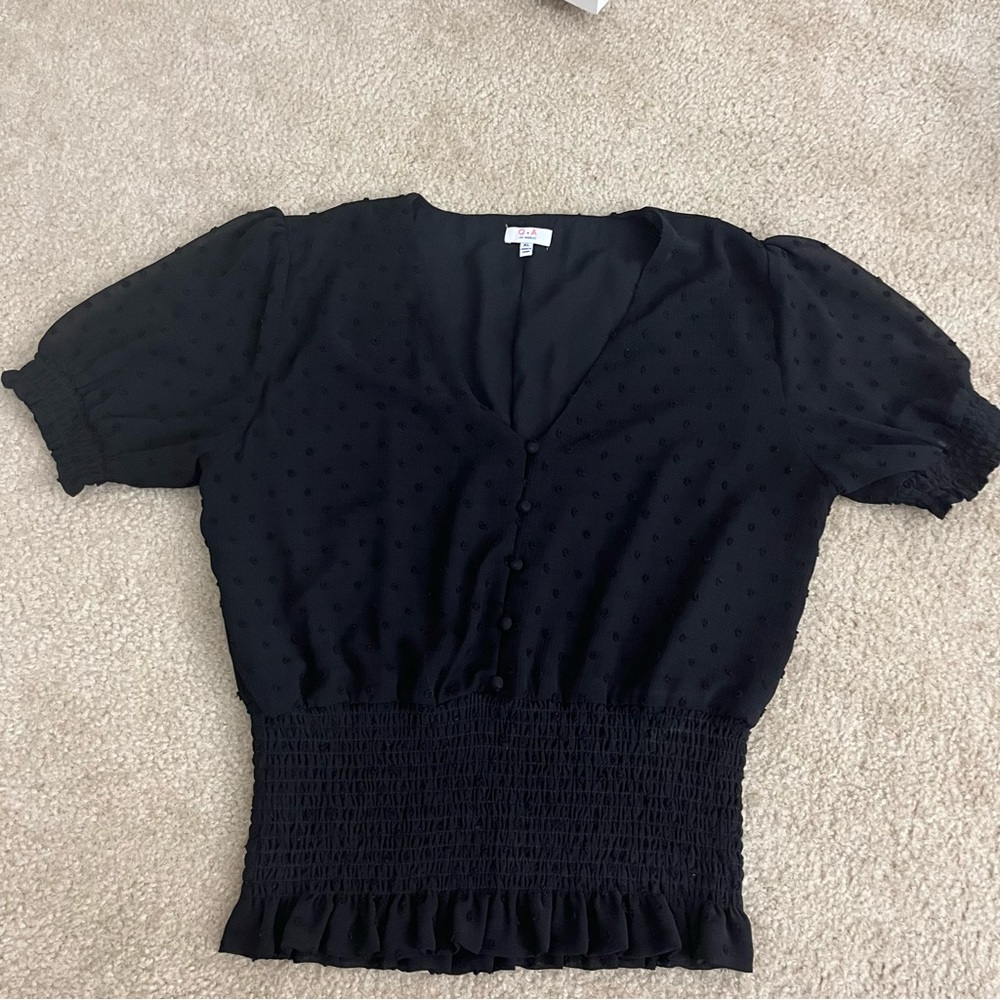 🌴Q+A Los Angeles Black Polka Dot Ruffle Smocked Blouse Size XL